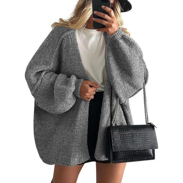 Vibecurve® Oversized Cardigan Sweater Fall Long Lantern Sleeve Knit, Grey · M